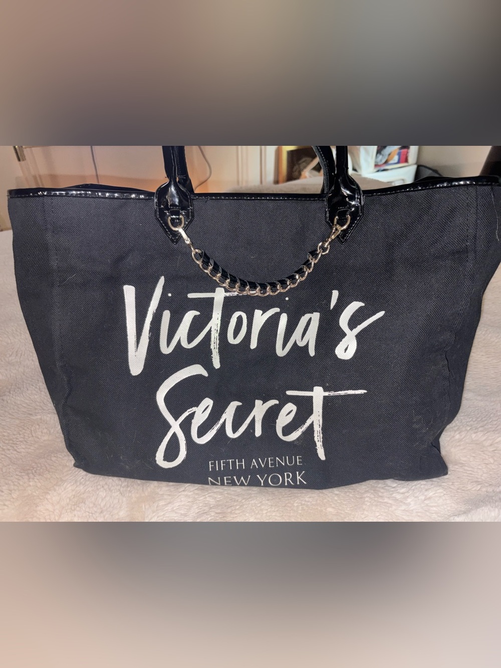 Victoria's Secret Black Canvas Tote with Chain-Accent Handles